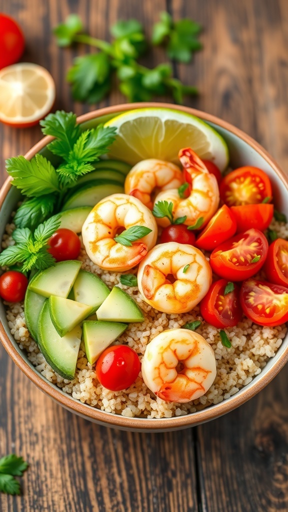 Spicy Shrimp Quinoa Bowl Recipe A colorful quinoa bowl with shrimp, tomatoes, cucumber, and avocado, garnished with herbs and lime on a wooden table.